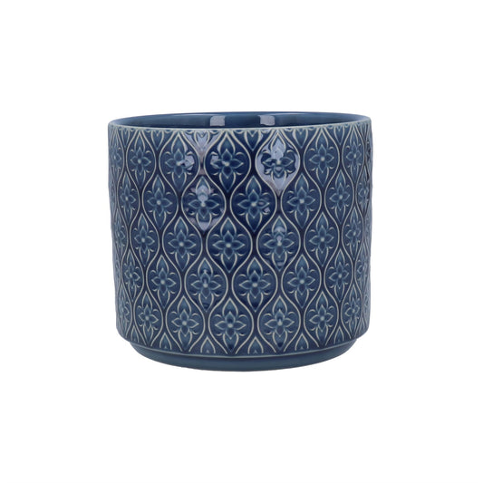 Stoneware Pot Cover - Navy Trellis Flower, 17cm