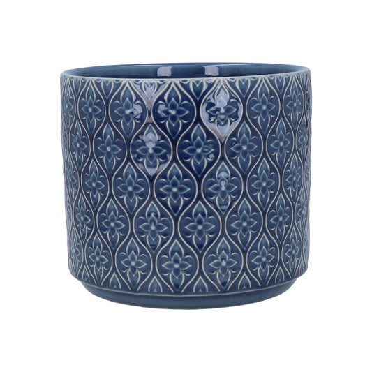 Stoneware Pot Cover - Navy Trellis Flower, 14cm