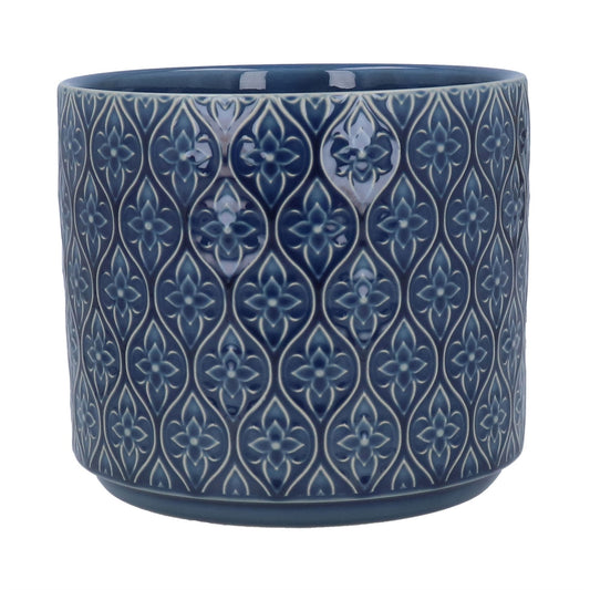 Stoneware Pot Cover - Navy Trellis Flower, 20cm